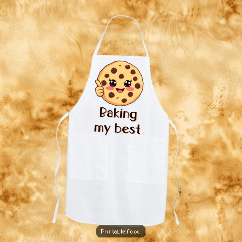 Funny apron featuring a joyful chocolate chip cookie giving a thumbs up, adding humor and encouragement to baking activities.
