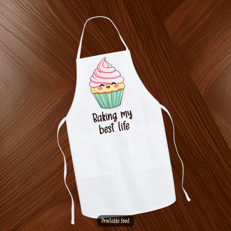 Funny apron depicting a cupcake character with dynamic, rising and falling frosting, ideal for kitchen duties and humorous cooking.