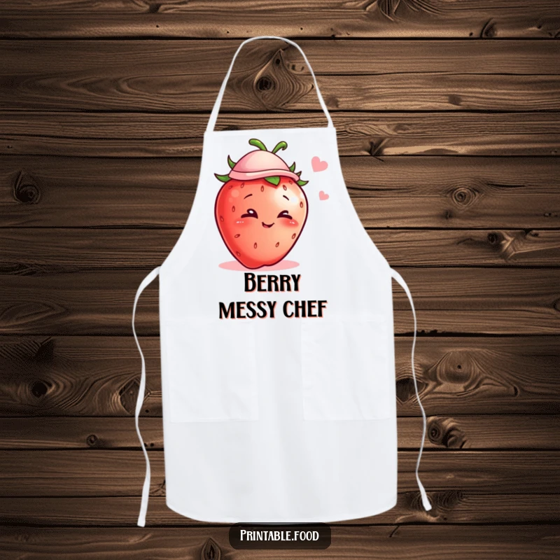 Funny apron featuring a mischievous strawberry wearing a hat and winking, ideal for cooking with a side of humor.