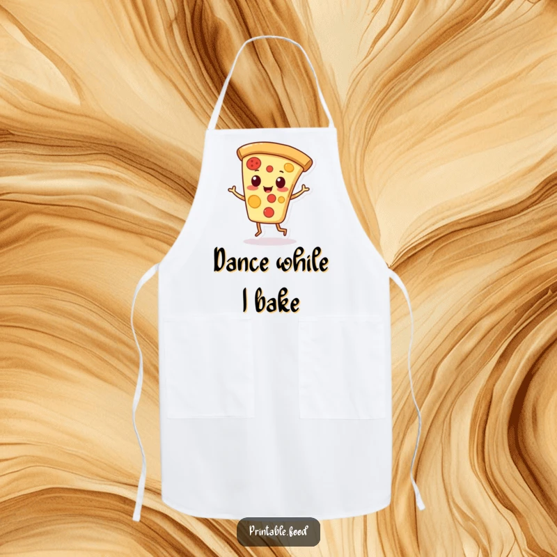 Funny apron featuring a playful pizza slice character doing a jaunty jig, ideal for a humorous cooking experience.