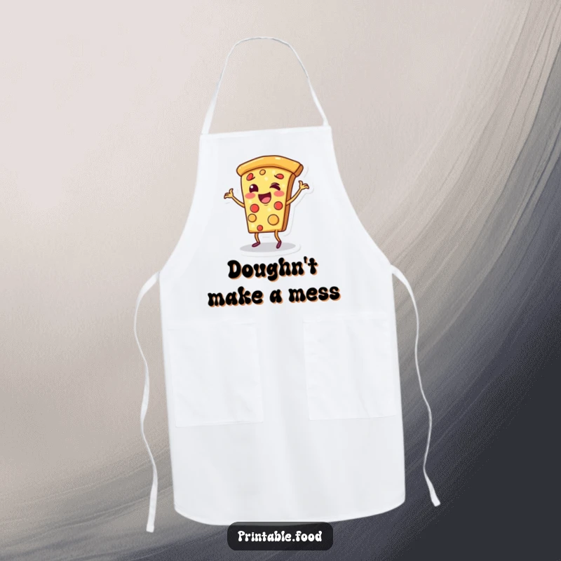 Funny apron showing a cheerful pizza slice character doing a happy dance on its crust, adding fun to kitchen duties.