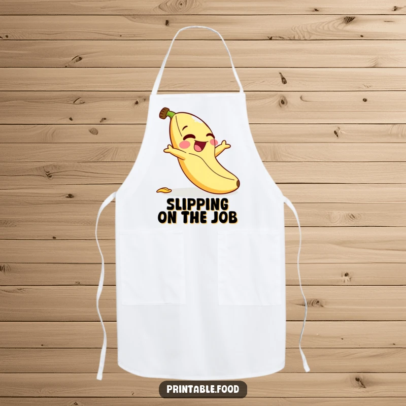 Funny apron: A banana character laughs hysterically while comically slipping on its own peel, ideal for kitchen shenanigans.