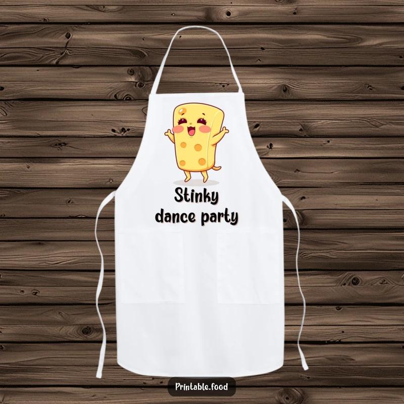 Funny blushing cheese character jigging on a kitchen apron, great for humorous cooking sessions.
