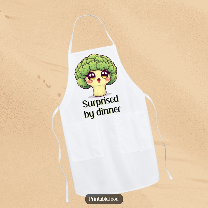 Funny apron featuring a surprised broccoli floret character with wide eyes, ideal for a humorous cooking experience.