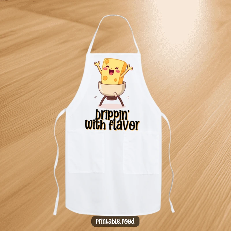 Funny Cheese Fondue Apron: A delighted cheese character leaps into a fondue pot, adding a fun and cheesy element to cooking.