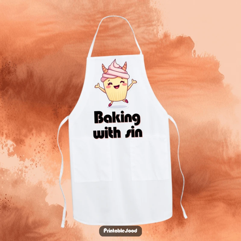 Funny apron showing a grinning cupcake with frosting horns, enthusiastically hopping while ready to tackle culinary creations.