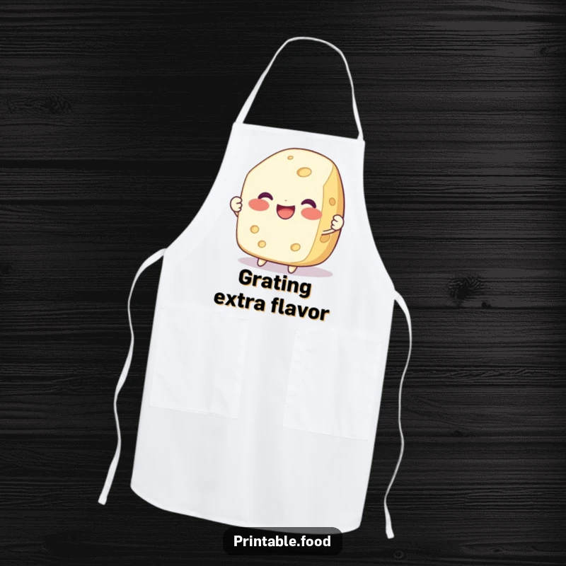 Funny apron showing a delighted, smiling cheese character being pulled apart, adding cheesy fun to kitchen duties.