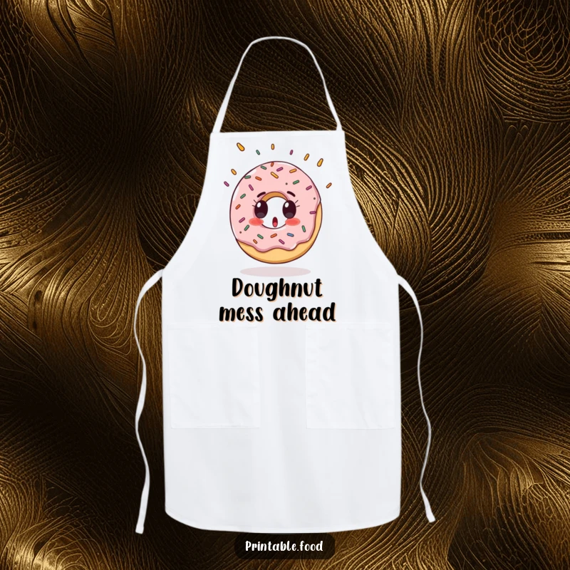 Funny Apron with a surprised donut character and falling sprinkles, perfect for baking with a sweet surprise.