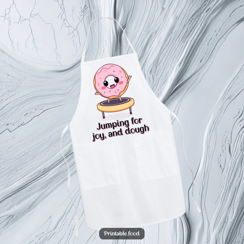 Funny donut character actively bouncing on a trampoline, printed on a functional apron, adding a playful and humorous touch to the kitchen.