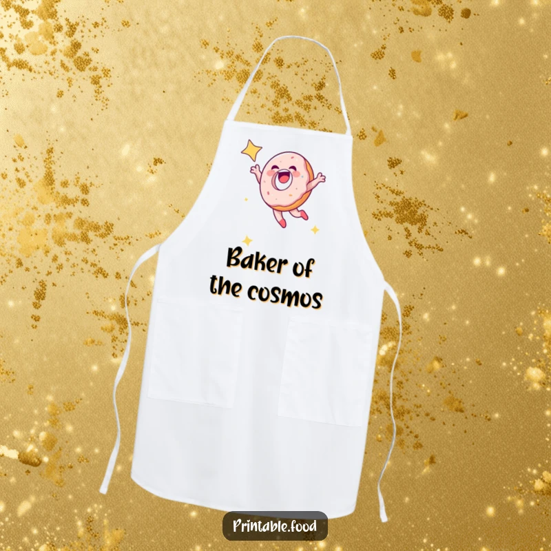 Funny laughing doughnut leaping into a starry sky on a kitchen apron, great for sweet baking humor.