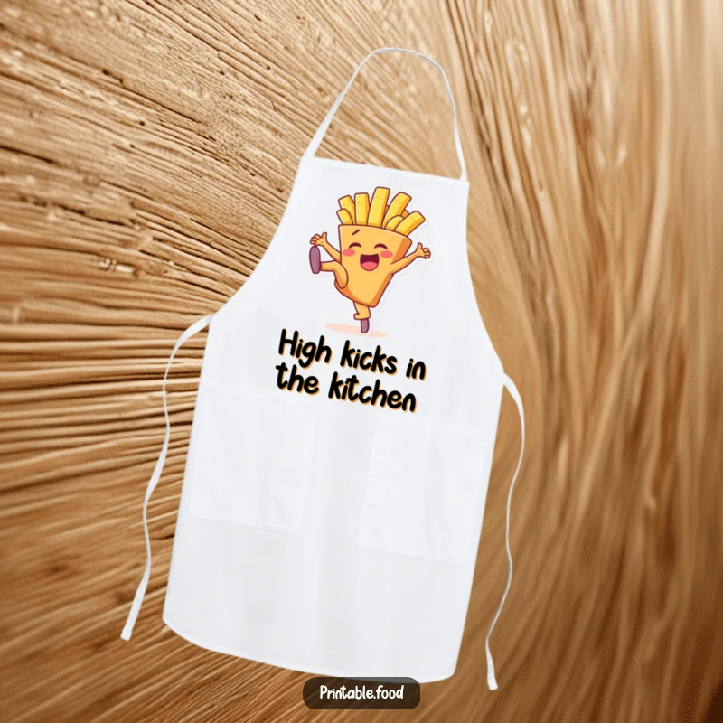 Funny apron showcasing a delighted french fry character in mid-high kick, perfect for adding humor to the kitchen.