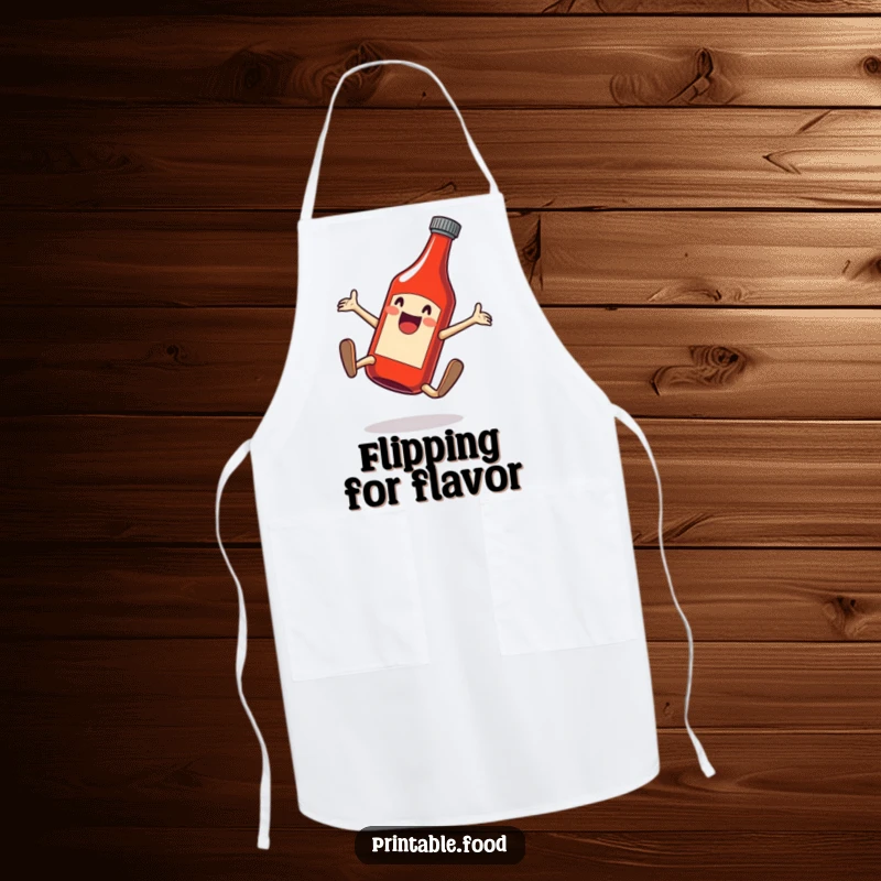 Funny apron showcasing an excited ketchup bottle doing a cartwheel, adding flair to kitchen duties.
