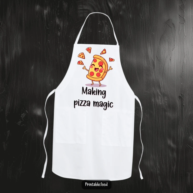Funny apron showing a pizza slice character juggling pepperoni slices with a smirk, a humorous and practical addition to any kitchen.