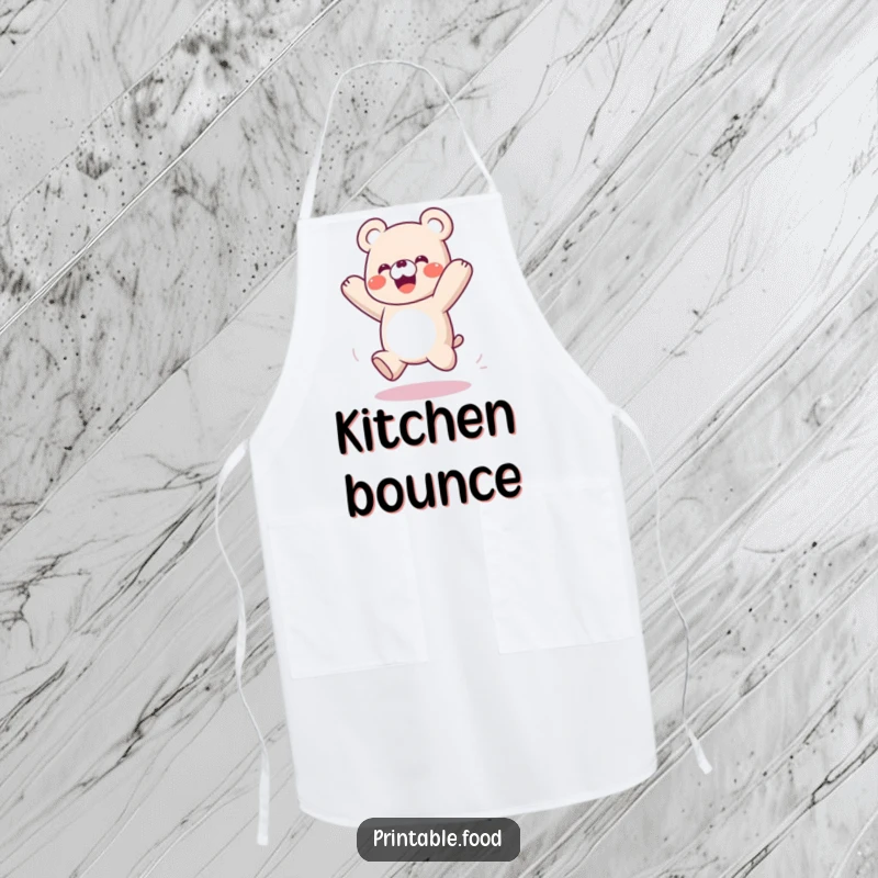 Funny apron featuring a playful gummy bear character bouncing like a spring, perfect for kitchen fun.