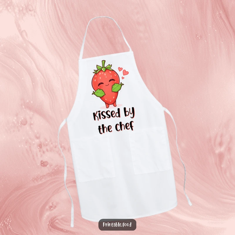 Funny Strawberry Kiss Apron: A giggling strawberry character with leaf-like arms sends a kiss, adding a fun and sweet element to cooking.