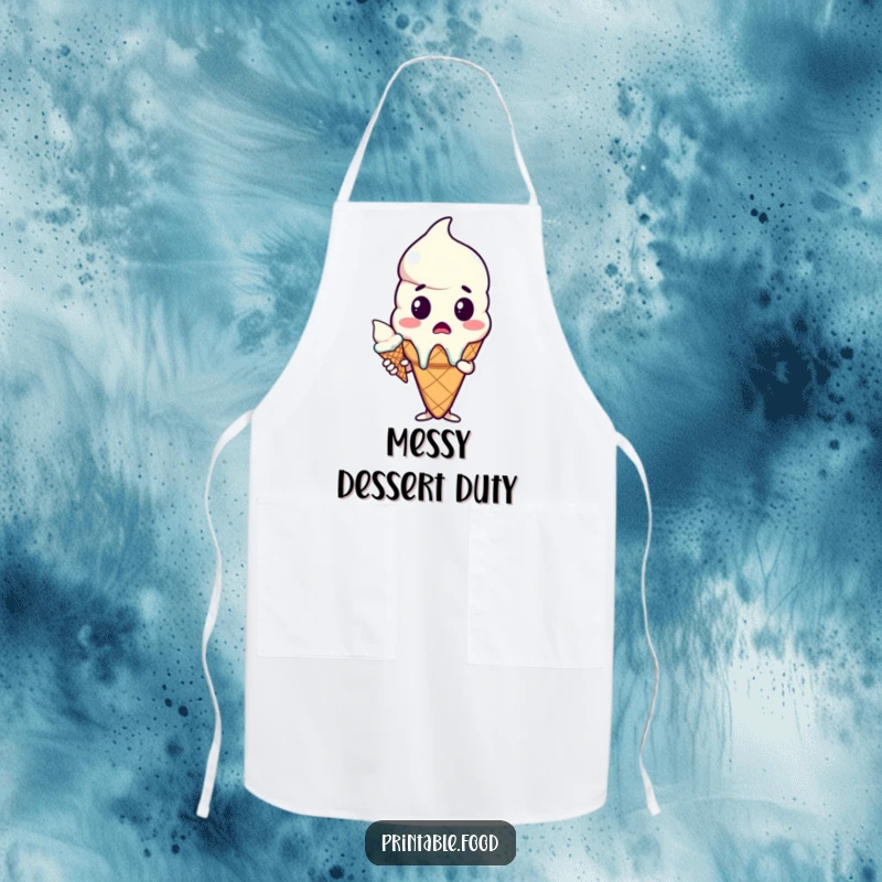 Funny apron featuring a surprised melting ice cream cone character, ideal for kitchen humor and as a unique gift.