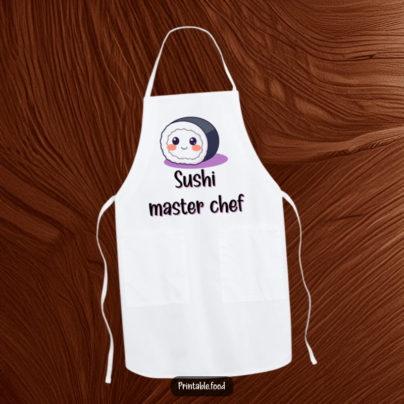 Funny Apron showing a happy sushi roll with eyes rolling across a purple gradient, perfect for adding charm to cooking.