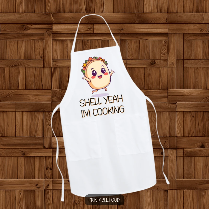 Funny apron featuring a dancing taco character with a smile and wide eyes, adding festive flair and humorous protection to your cooking attire.