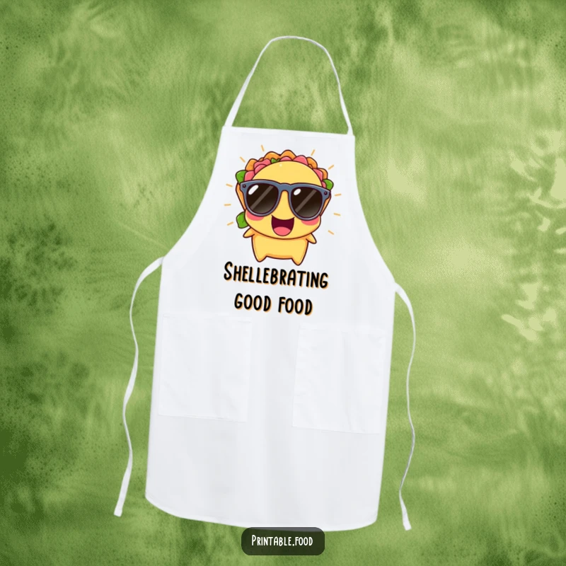 Funny Apron showing a cheerful taco wearing tiny sunglasses, bursting with laughter, perfect for adding humor to cooking.