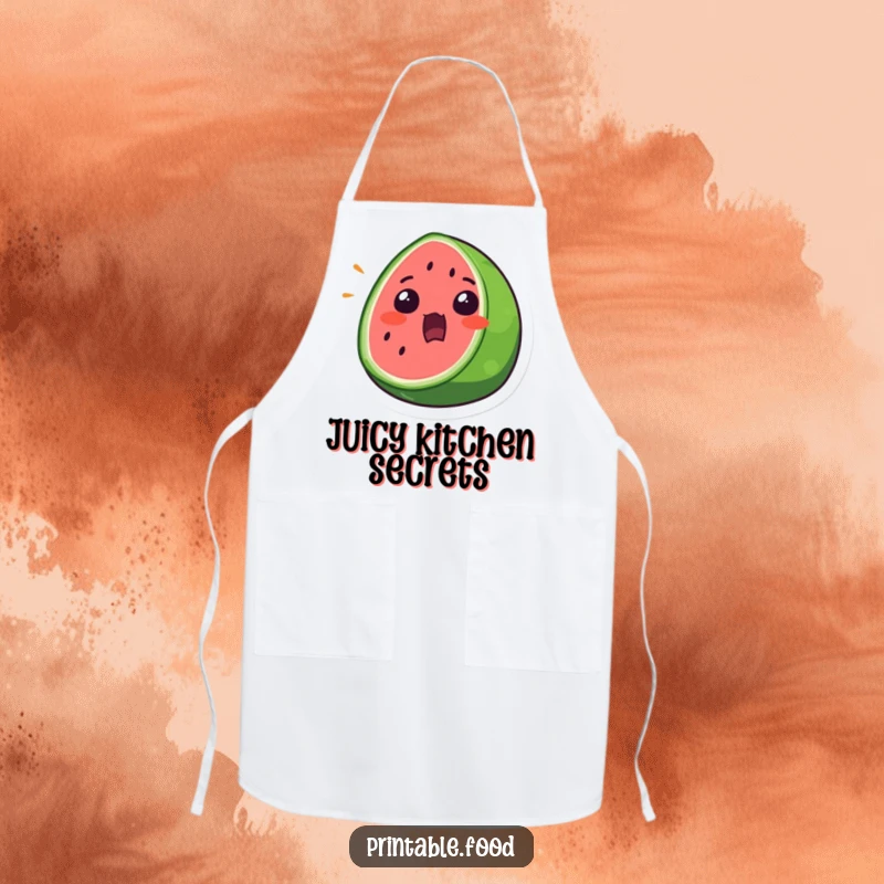 Funny Apron showing a surprised watermelon slice with a wide mouth open, perfect for adding charm to cooking.