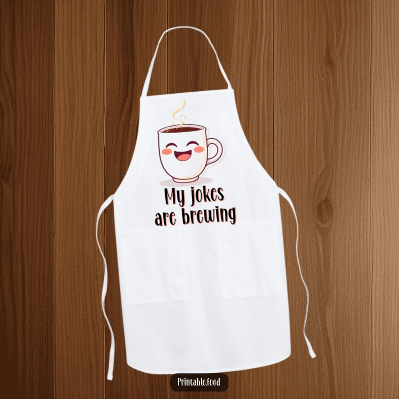 Funny apron showing a winking coffee cup character, steam billowing out as it guffaws, adding a humorous touch to cooking.