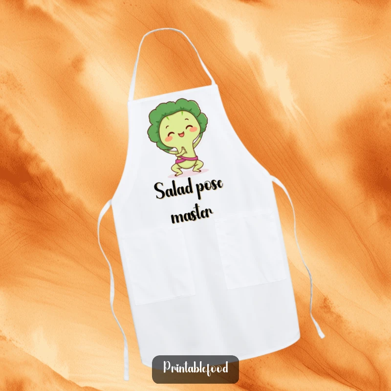Funny Apron: Broccoli character in a yoga pose, a humorous and practical accessory for the mindful chef.