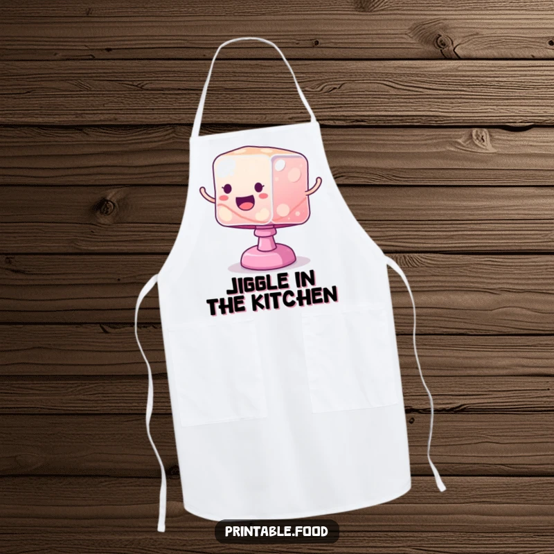 Funny apron featuring a wobbly jelly cube bouncing excitedly, adding humor and playful energy to kitchen activities.