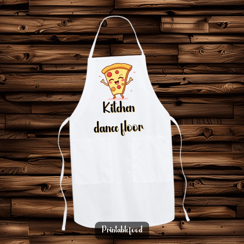 Funny Apron design of a winking pizza slice character dancing energetically while preparing food in the kitchen.