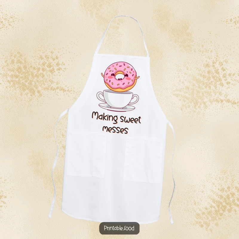 Funny Apron showing a giggling donut with sprinkles jumping over a teacup, perfect for adding charm to baking.