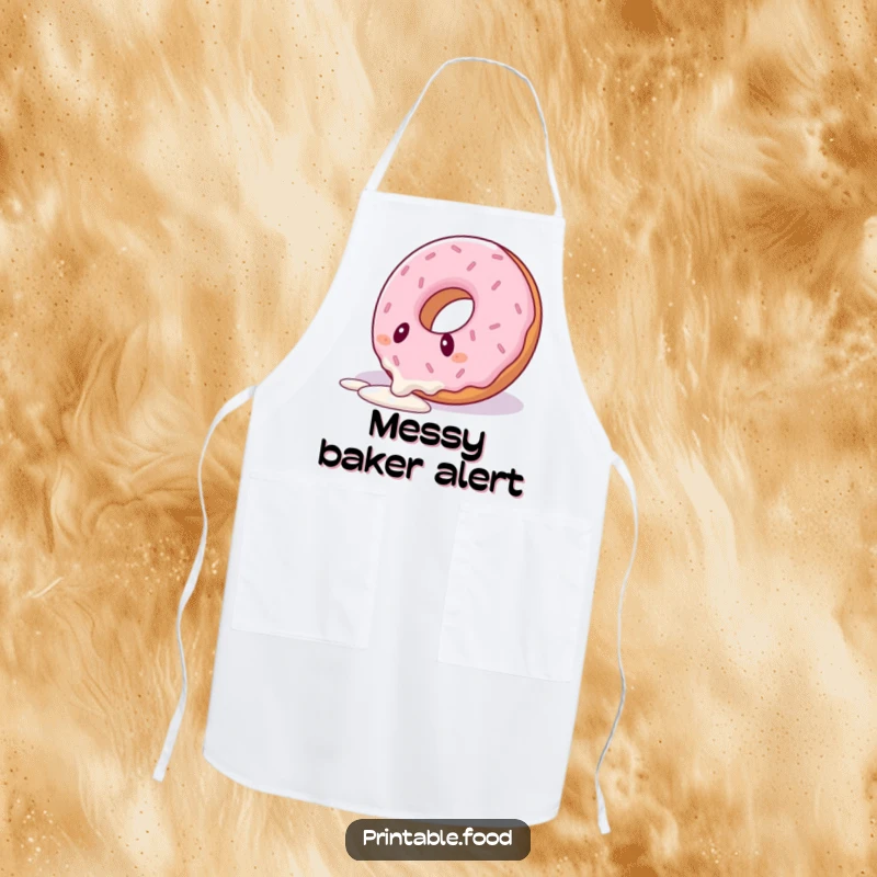 Funny apron depicting a donut character comically tripping over its icing drizzle, perfect for kitchen protection and humor.
