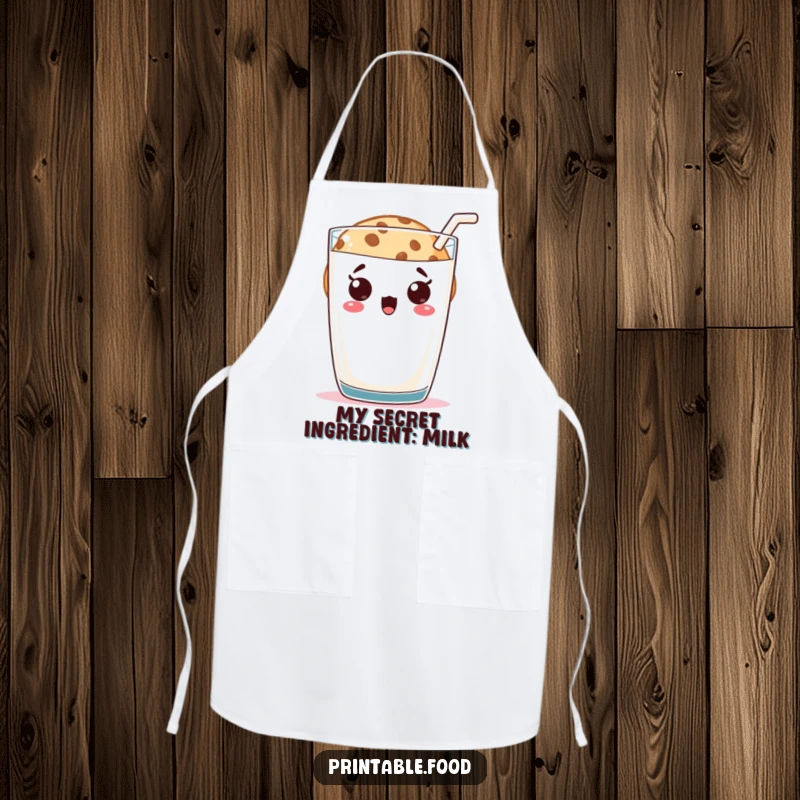Funny cookie character peeking with surprise from behind a large milk glass, worn as an apron, bringing humor to the kitchen.