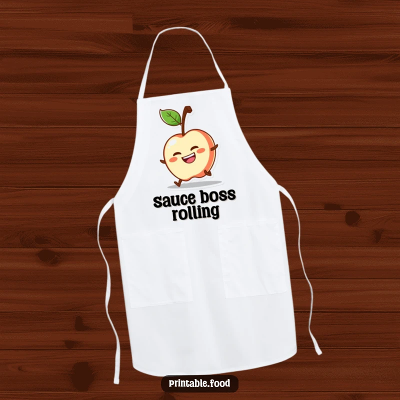 Funny apron showcasing a determined apple character grinning while rolling downhill, ready for kitchen action.
