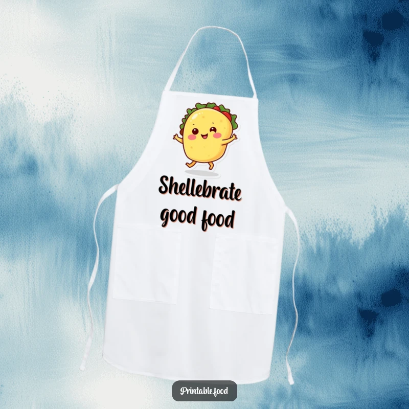 Funny apron featuring a smiling taco character with legs dancing merrily, ready for kitchen fun.