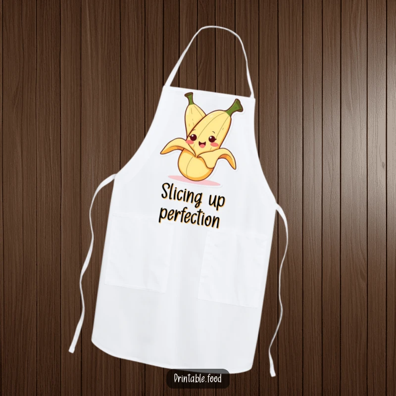 Funny apron with a smiling banana character peeling itself with a mischievous expression, ideal for kitchen tasks and humor.