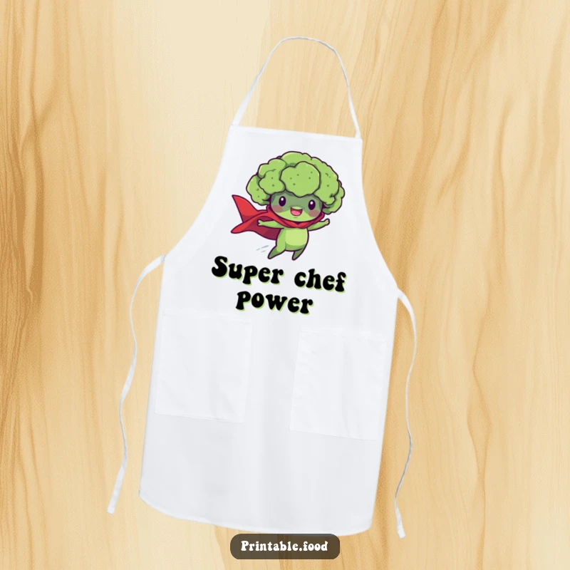 Funny apron showcasing a flying broccoli floret superhero, ready to tackle any recipe with super-powered enthusiasm.