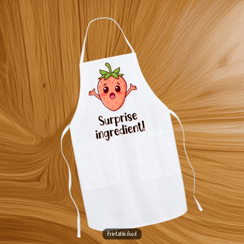 Funny surprised strawberry character with tiny arms outstretched on a kitchen apron, great for humorous cooking.