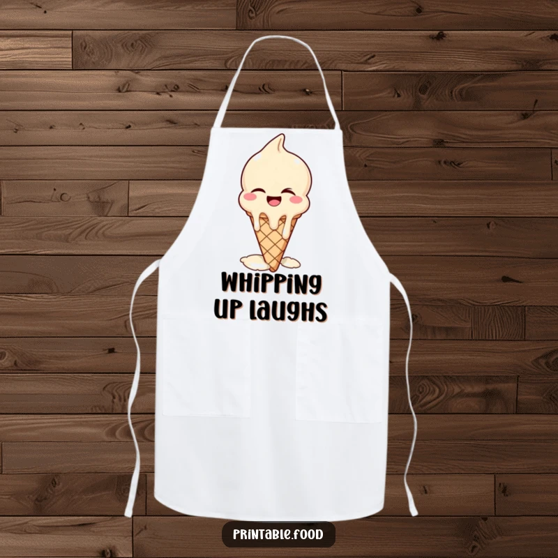 Funny apron depicting a winking ice cream cone melting with laughter, perfect for kitchen protection and sweet-themed fun.