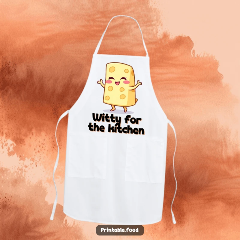 Funny apron showing a winking cheese wedge character doing a playful jig, a humorous and practical addition to any kitchen.
