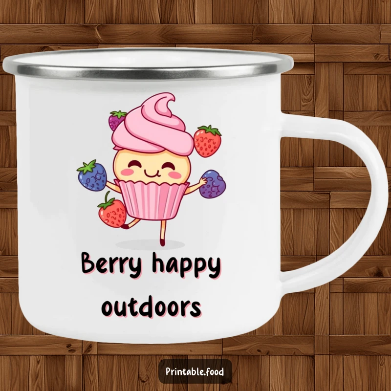 Funny cupcake character giggling while juggling berries, printed on a durable camping mug, for humorous outdoor enjoyment and sweet sips.