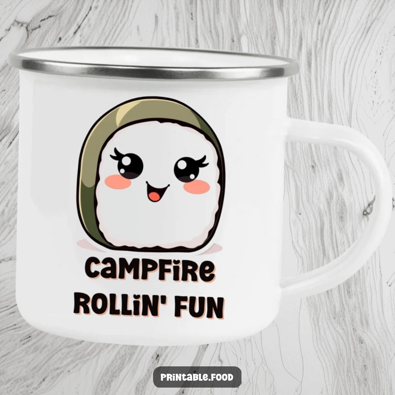 Funny Sushi Roll Camping Mug: A cheerful sushi roll with energetic, wiggling eyes brings joy to your outdoor dining experience.