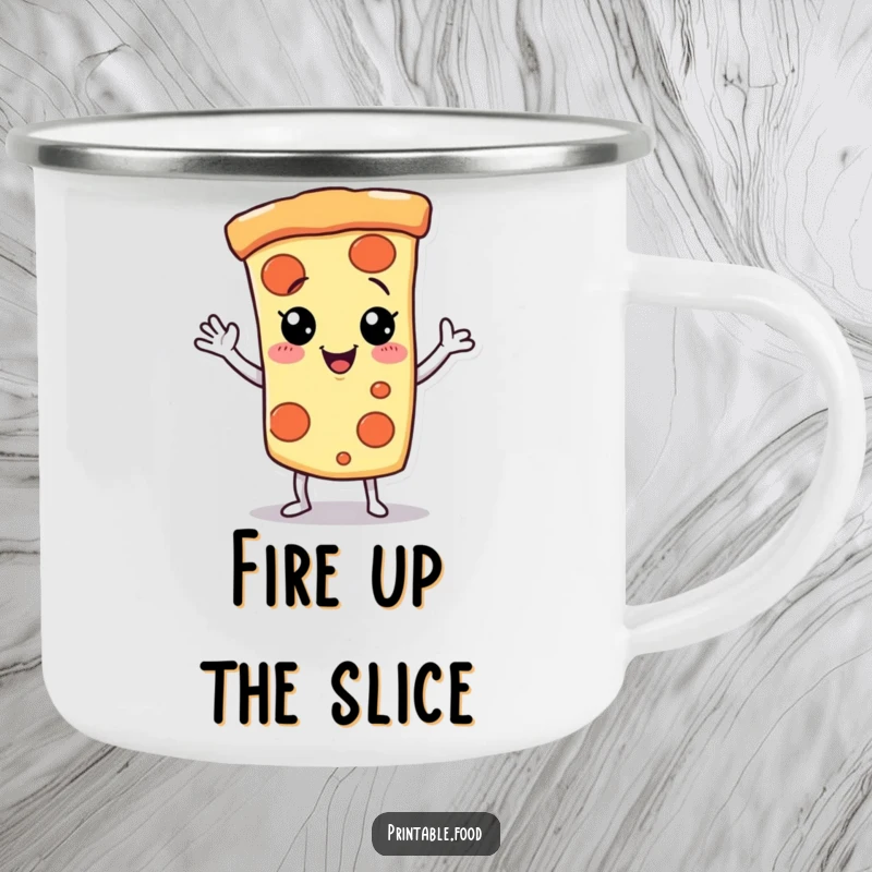 Funny Camping Mug with a giggling pizza slice character dancing, bringing fun to outdoor meals.