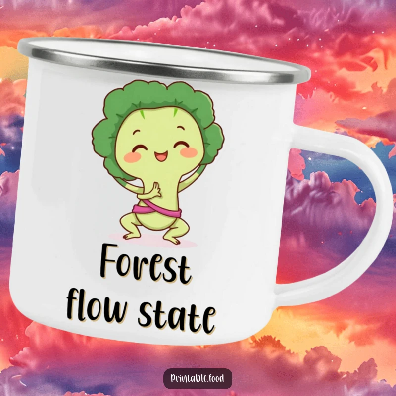Funny Camping Mug: Broccoli character in a yoga pose on a trail, a humorous and serene companion for outdoor adventures.