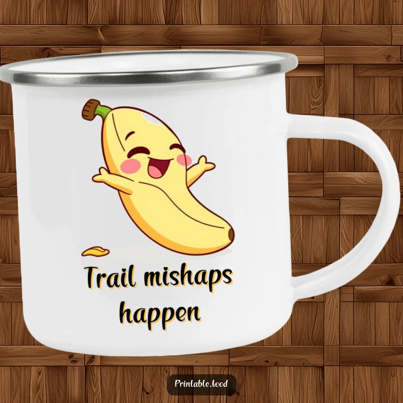 Funny camping mug: A banana character hilariously slips on its own peel, laughing heartily during an outdoor escapade.