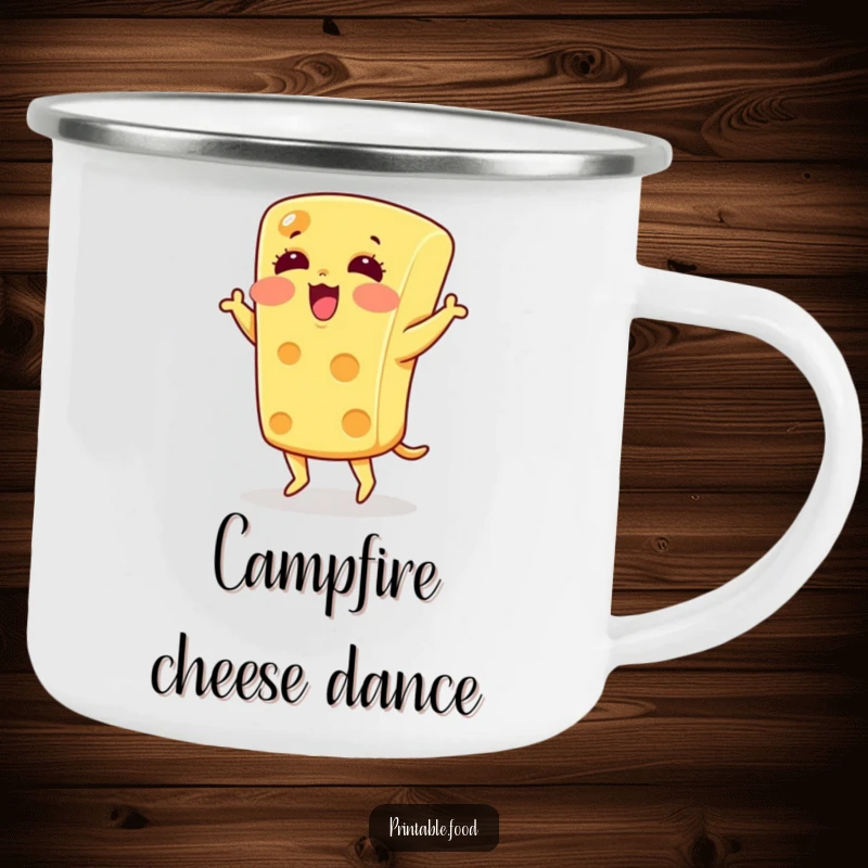 Funny blushing cheese character doing a silly jig on a camping mug, great for outdoor food humor.