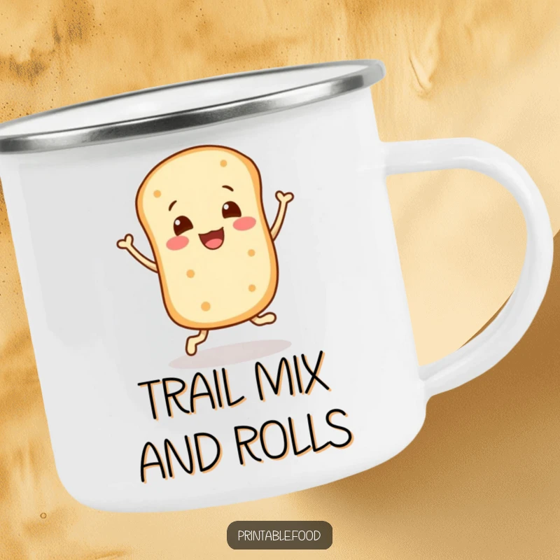 Funny camping mug: A joyful bread roll character bounces merrily, a cheerful companion for outdoor excursions.