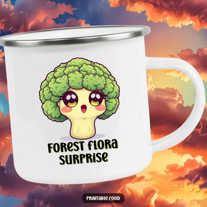 Funny camping mug with a surprised broccoli floret showing wide eyes, perfect for outdoor humor.