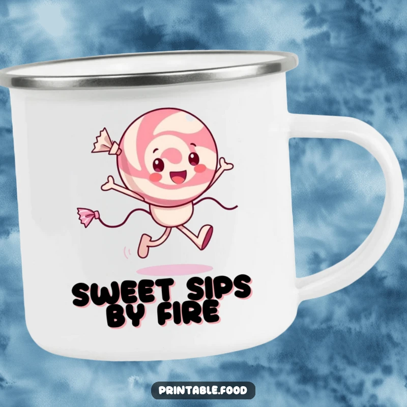 Funny cheerful candy camping mug with a character skipping, wrappers trailing, perfect for enjoying drinks outdoors.