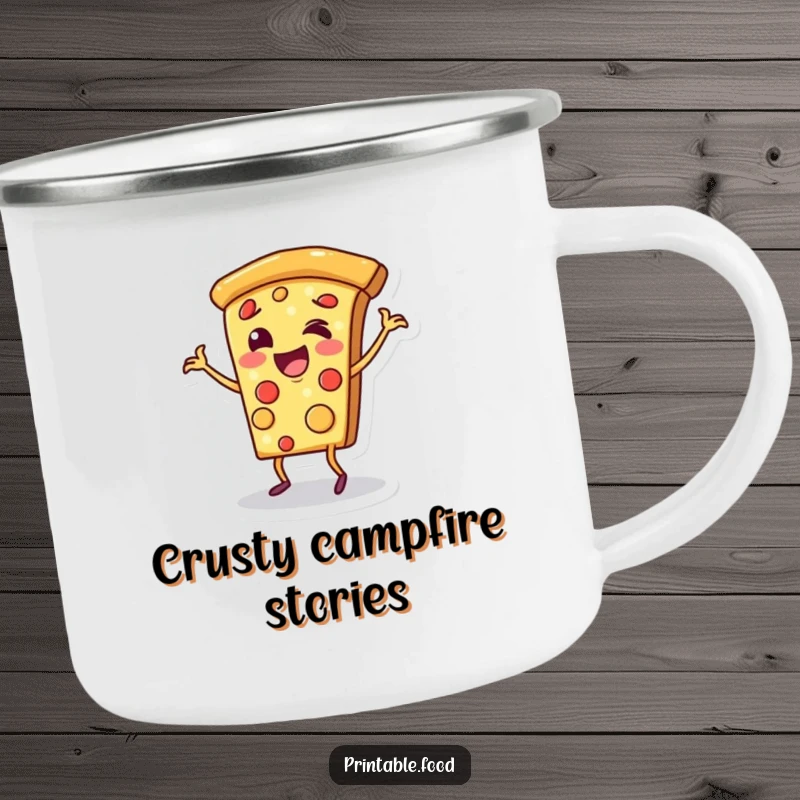 Funny camping mug with a cheerful pizza slice character doing a happy dance on its crust, ready for outdoor meals and smiles.