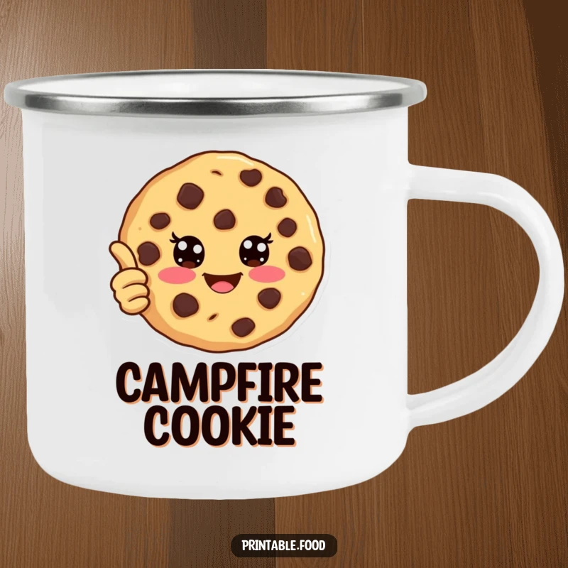 Funny camping mug featuring a joyful chocolate chip cookie giving a thumbs up, perfect for enjoying treats outdoors.