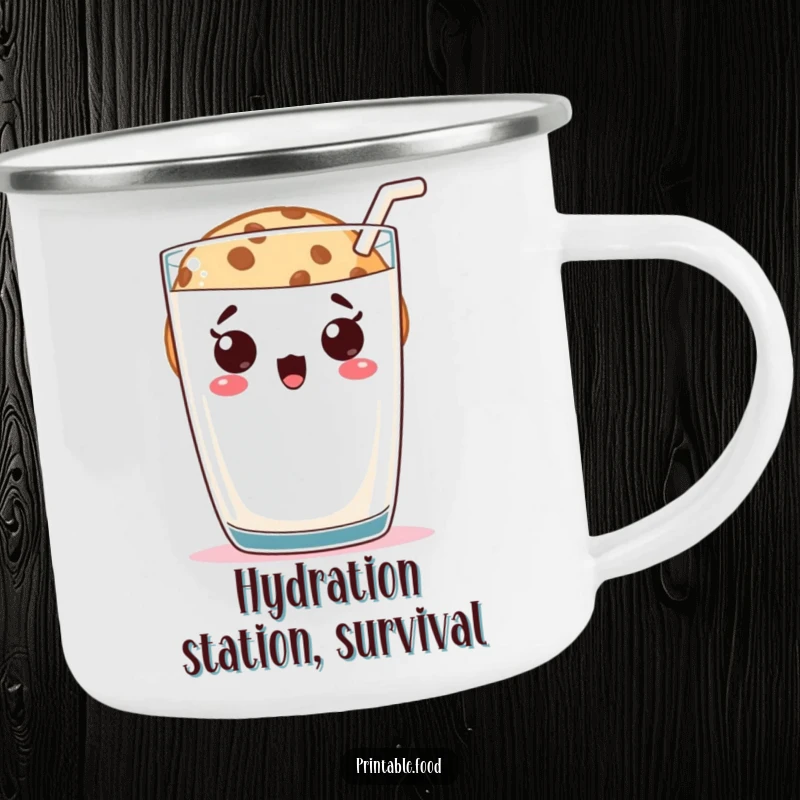 Funny cookie character peeking with surprise from behind a giant milk glass, printed on a durable camping mug, for humorous outdoor enjoyment.